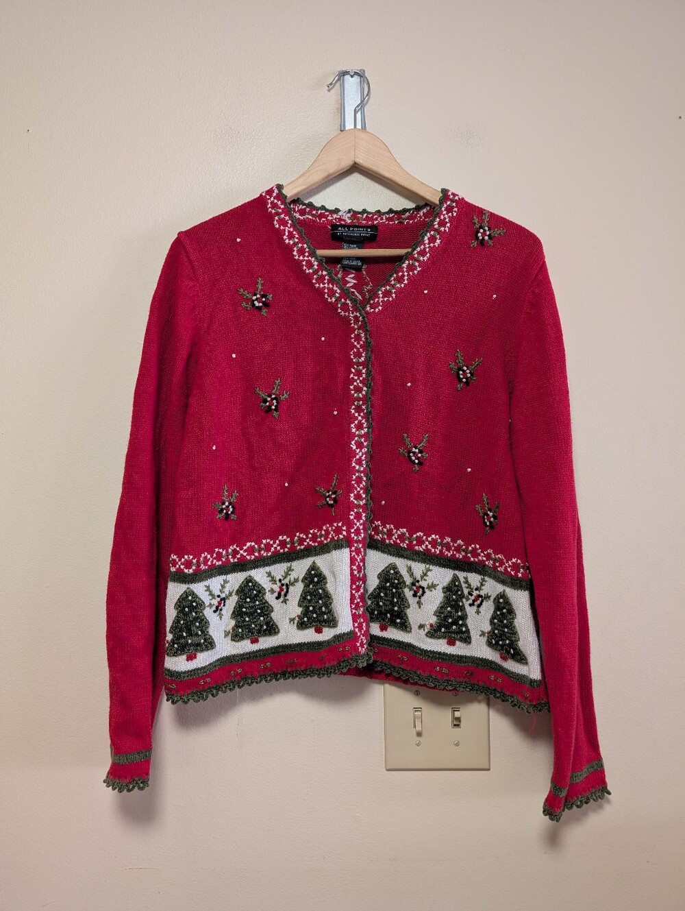 All Points by Reference Point Christmas Tree Cardigan Sweater Large Ramie Cotton